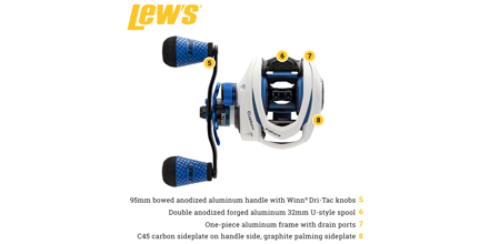 Lew's Custom Inshore SLP Baitcast Fishing Reel, Right-Hand Retrieve, 7.5:1  Gear Ratio, 10 Bearing System with Stainless Steel Double Shielded Ball  Bearings, White/Blue 